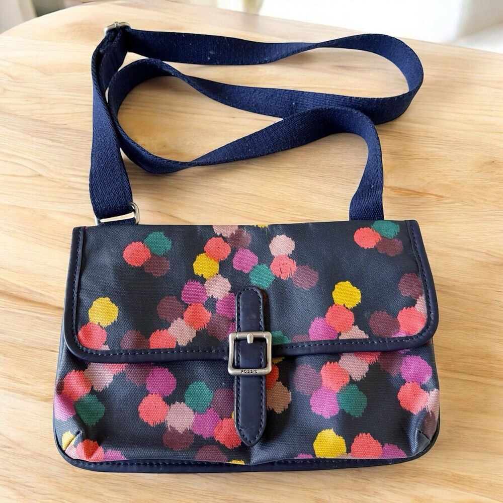Fossil Keyper Polka Dots Multi Colored CrossBody Purse Shoulder Bag Navy Blue